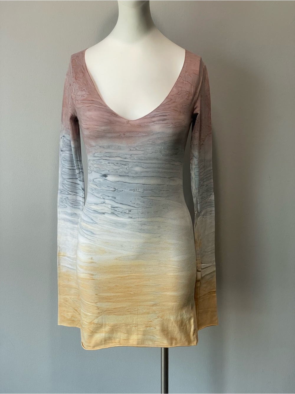 Hard Tail Ombre Scoop-Neck Long-Sleeve Mini Dress - Pink, Gray, Yellow